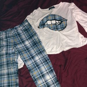 Matching Crop Long Sleeve and Baby Blue Plaid Leggings
